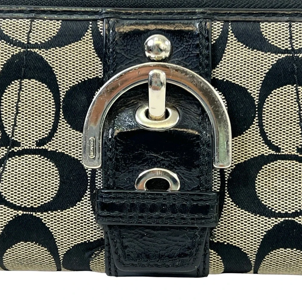 Vtg Coach Zip Around Accordion Wallet Black Signature Canvas Leather Buckle 8x4
